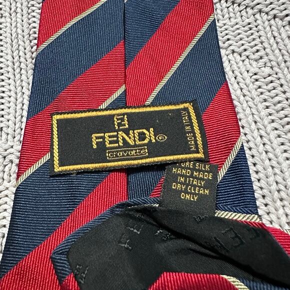 Fendi red and navy striped Italian silk tie - Picture 3 of 6